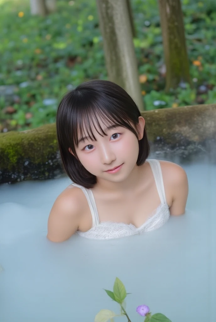 cute, 15歳のアイドルのようにcute日本人少女、Smiling Kindly、Cleavage、bikini、camp site、Playing in the water in the stream、((My hair and face are soaked))、whole body、RAW Photos、Genuine、Genuine、realism、High resolution
