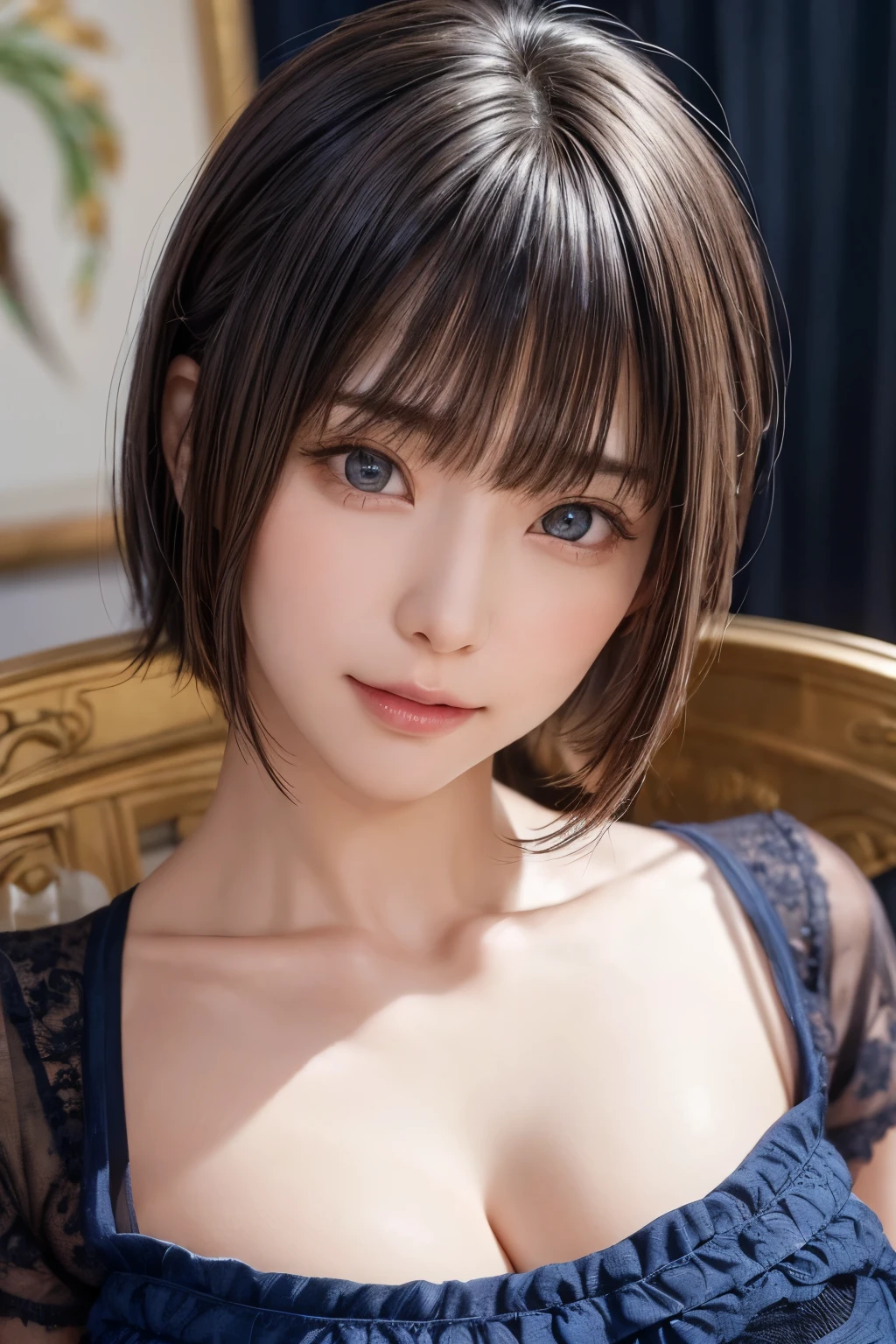 (Tabletop:1.3), (8k, Realistic, RAW Photos, Highest quality: 1.4), Japanese, (One Girl), Beautiful Face, (Realistic Face), (Black Hair), Beautiful hairstyle, Realistic eyes, Beautiful attention to detail, (Realistic Skin), Beautiful Skin, Charm, Ultra-high resolution, Surreal, Very detailed, Golden Ratio,school uniform.blush、Bobcut、Loose and fluffy hairstyle、Drooping eyes、Emphasize the cleavage、Leaning Forward