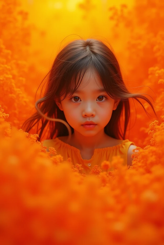 A girl sitting on the ground holding flowers,With a playful postmodernist flair,terrain photography,New American Color Photography,bright orange and sky blue,dark and light pink,vivid、exaggerated scenes,Made from flowers