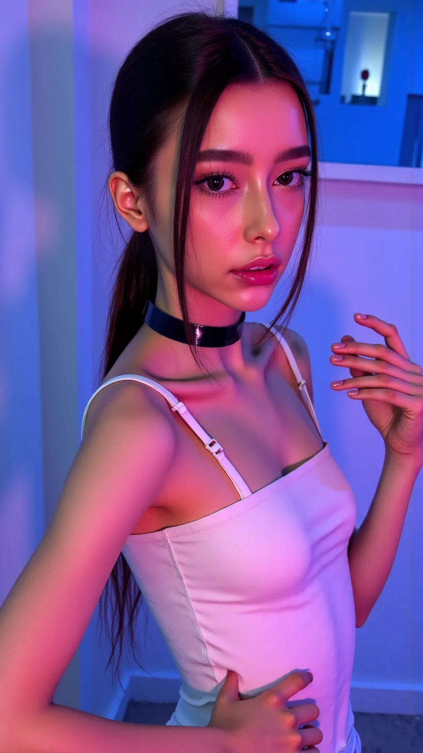 There's a woman who's taking a selfie in the mirror, angelawhite, 2 modelo feminino de 4 anos, garota sexy, Anna Nikonova aka Newmilky, sexy look for the camera, 1 8 are, rosto sexy, Retrato de Sophie Mudd, 18 anos, she is bullshit, namorada russa, closeup tiro de meio corpo, closeup impressionante, headshot, cabelo loiro longo, Pixar animation styleUltra detailed complex 3D rendering of a beautiful woman's android face with porcelain profile, ciborgue, robotic parts, 150mm, beautiful studio soft light, luz de aro, detalhes vibrantes, ciberpunk luxuoso, renda, hyperrealista, anatomical, facial muscles, cable electrical wires, microchip, elegante, fundo bonito, octane rendering, H. R. Estilo Giger, 8k, melhor qualidade, obra de arte, illustration, extremamente delicado e lindo, extremamente detalhado ,CG ,unidade ,papel de parede, (realista, photo-realista:1.37),Incredible, detalhes finos, obra de arte,melhor qualidade,Arte Oficial, extremamente detalhado CG unidade 8k papel de parede, absurdos, incredibly absurdos, robot, contas de prata, corpo todo, sentado