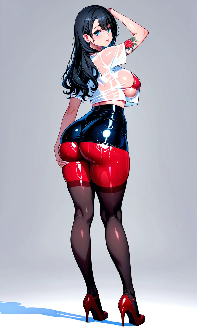  Comics style,realistic,lawyer,a young red woman named Rinalia Clareta in a comic realist style. She has long black hair, emerald green eyes, and a smiling, ambitious expression. She has a vivid red skin tone(athletic body ,long legs),  she wears a white shirt and a black skirt(an elegant suit,ass view),the courthouse steps in the background