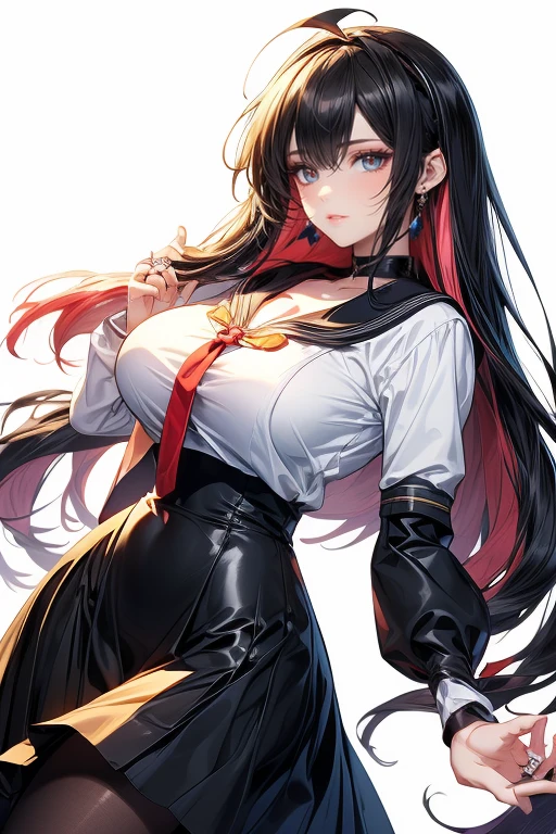 (solo:1.4), female mature, black hair, long hair, yellow eyes, large breasts, (((school uniform:1.4))), cleavage, professional artwork, Intricate Details, ((plain white background)), sharp focus, detailed painting, makeup, eyeshadow, lipstick, ultra detailed makeup, ultra detailed eyeshadow, ultra detailed lipstick, (half body shot:1.4)