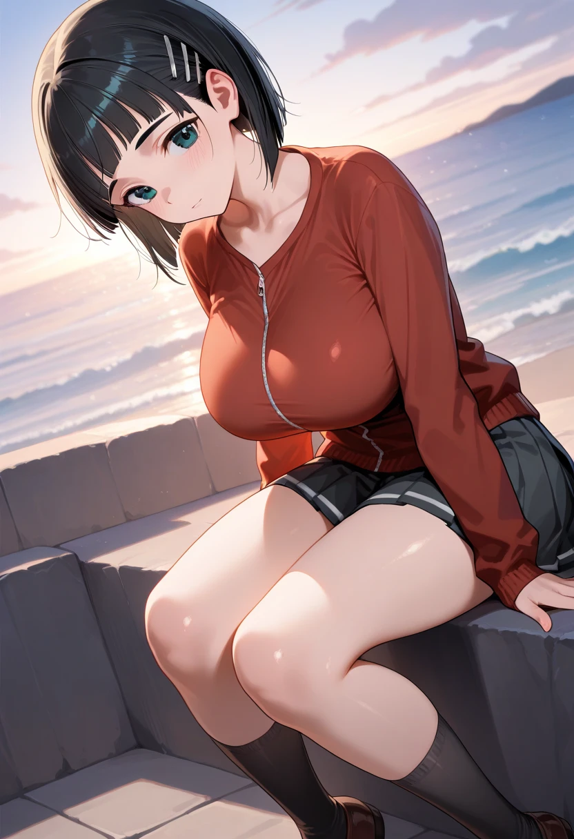 NSFW,(masutepiece, Highest Quality), High resolution, (Realistic: 1.3), Tight Volleyball Uniforms,1girl in,Black short hair,Larger hips,Biting bloomers,Volleyball Receiving Pose,Sweat,(Angle from the chest:1.2),Volleyball Court, Cute Japan