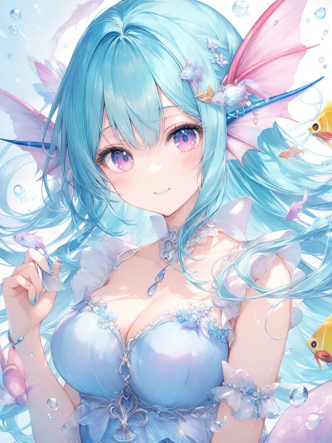 art by Cornflower, dreamy, kokomi floating swimming underwater, pearls, seashells, underwater, jellyfish, lots of jellyfishes, bubbles, rays of sun, iridescent colors, long floating hair, glowing hair, pastel colors, soft light, (masterpiece, best quality), 1 female, finely detailed eyes and detailed face, extremely detailed, intricate details, upper body, dynamic pose, cinematic light