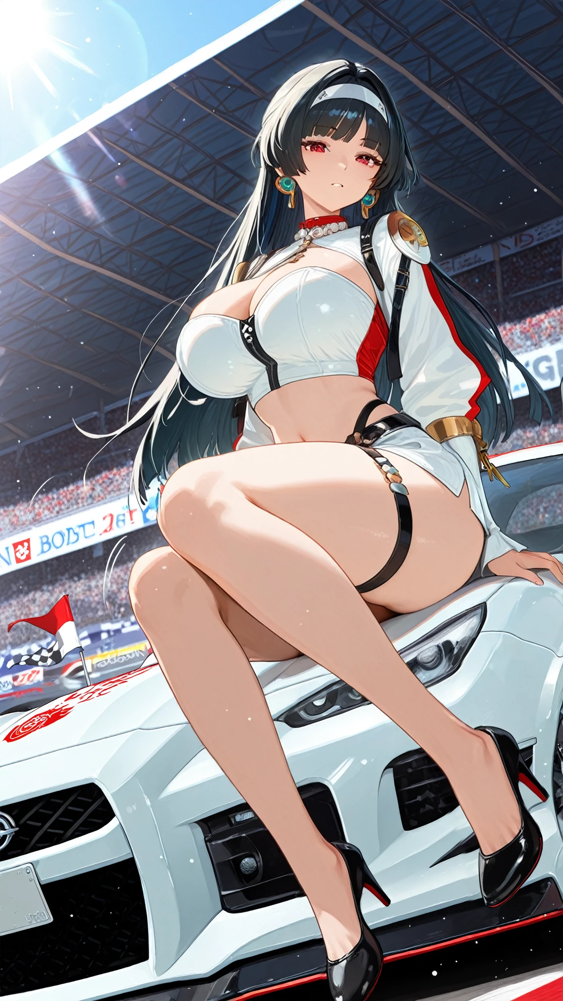 an image of a beautiful female wearing a santa hat and santa suit riding a motorcyle, 1girl, solo, underwear, santa hat, santa costume, brown hair, panties, hat, white panties, christmas, breasts, open mouth, snow, blue eyes, smile, large breasts