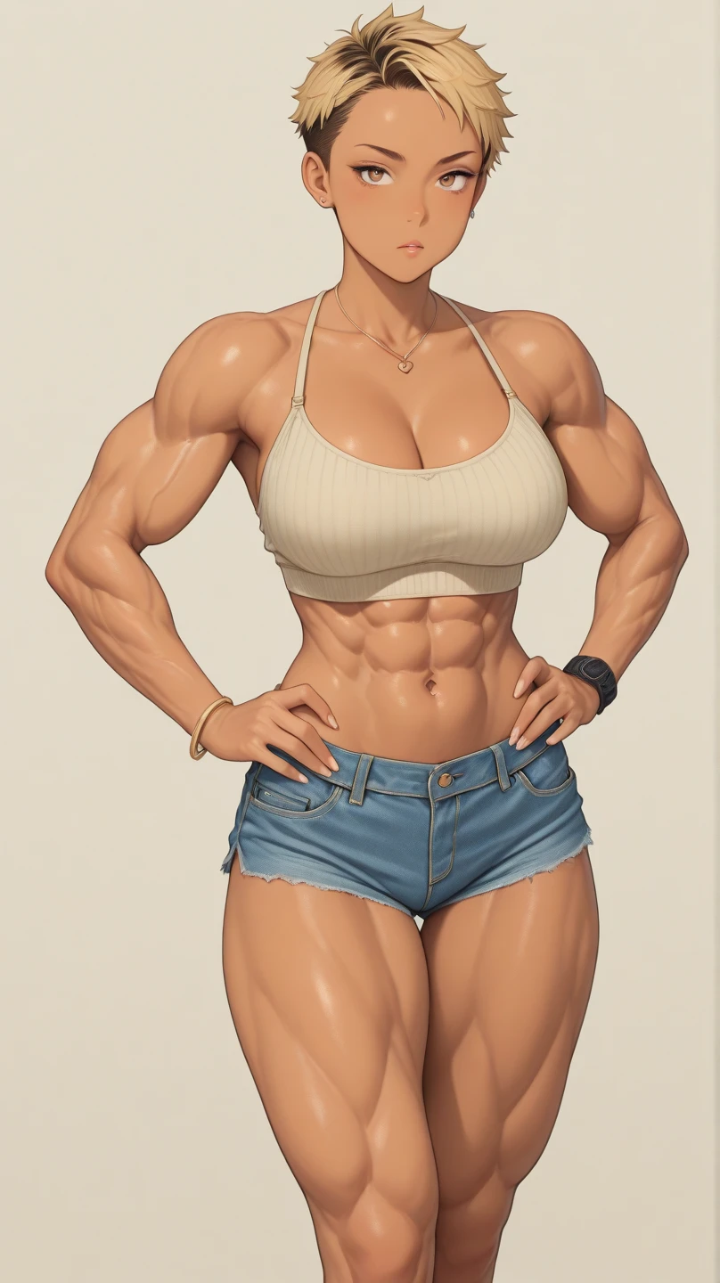 LaraWaifu, tank top, boots, shorts, belt,single braid,(puffy lips:1.4), (gigantic breasts:1.2), design sheet, front view, smasterpiece, (slendered abs:1.2) ,detailed , shiny skin, beautiful lighting from the side