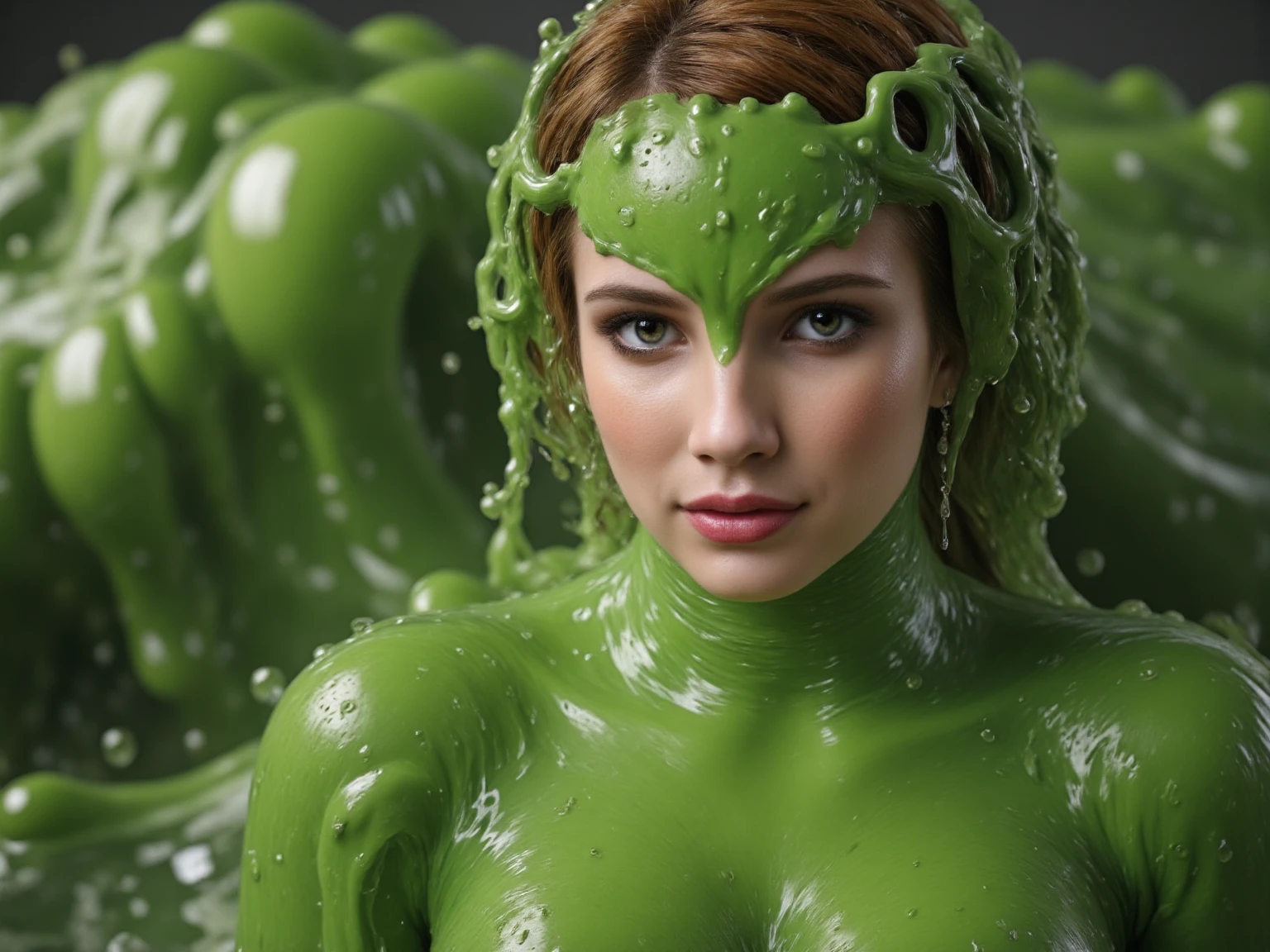 Slime, (monster girl), green slime with darker green, dripping with yellow ooze, clothed, masterpiece, best quality