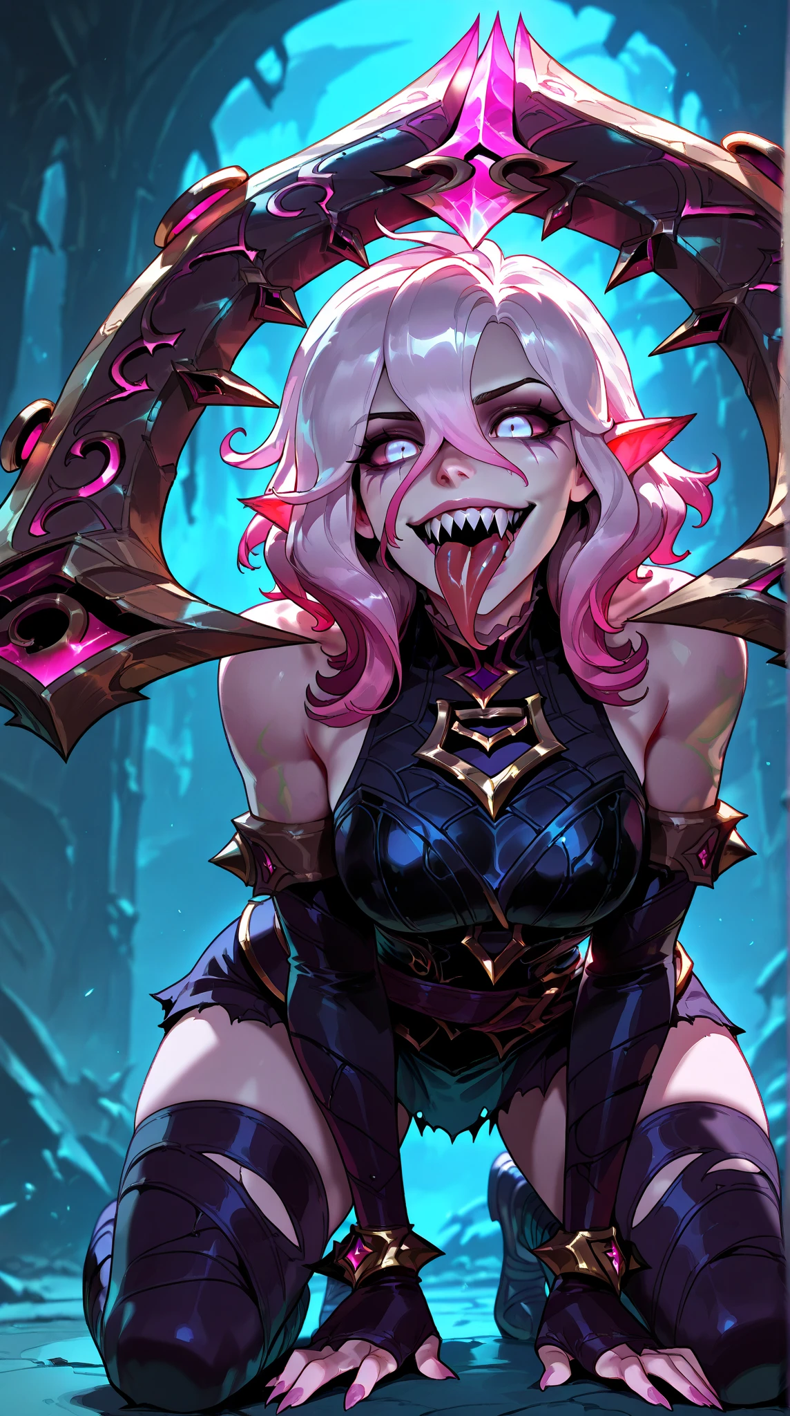 (masterpiece, best quality:1.3) 1girl, solo, long hair, breasts, looking at viewer, smile, blonde hair, red eyes, white hair, hood, cape, pointy ears, armor, glowing, colored skin, elf, shoulder armor, glowing eyes, cloak, spikes, pauldrons, skull,, undead, blush, open mouth, big mouth, tongue, tongue out, close up, saliva, uvula, uvula, mouth focus, excessive saliva, , looking down, nude, long tongue, large tongue
