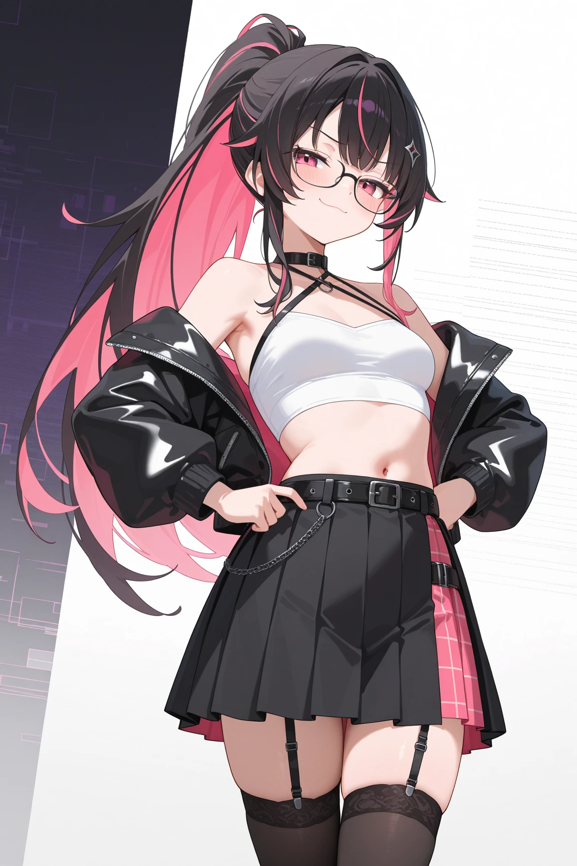 woman,20-year-old,,city,night,white tight miniskirt bodysuit,(),open mouth smile((See-through))glasses,((beautiful long ponytail))