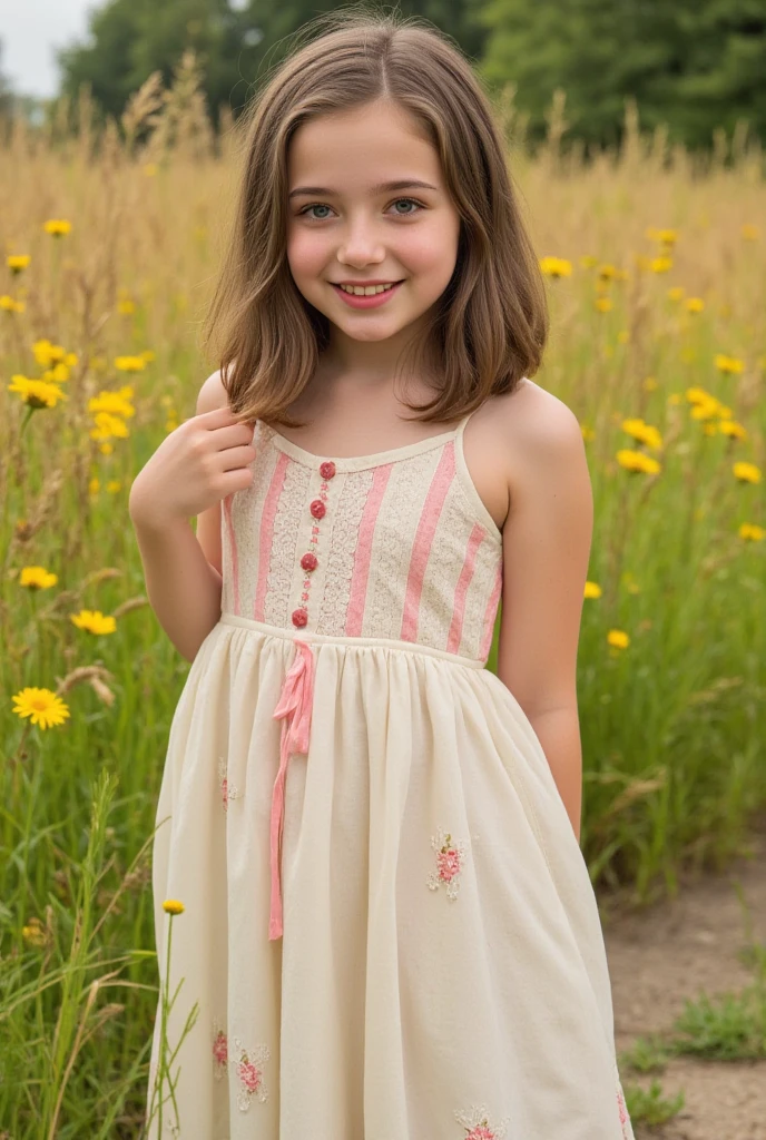 7 year old girl, brown hair, wearing a cute dress, barefoot, in a park