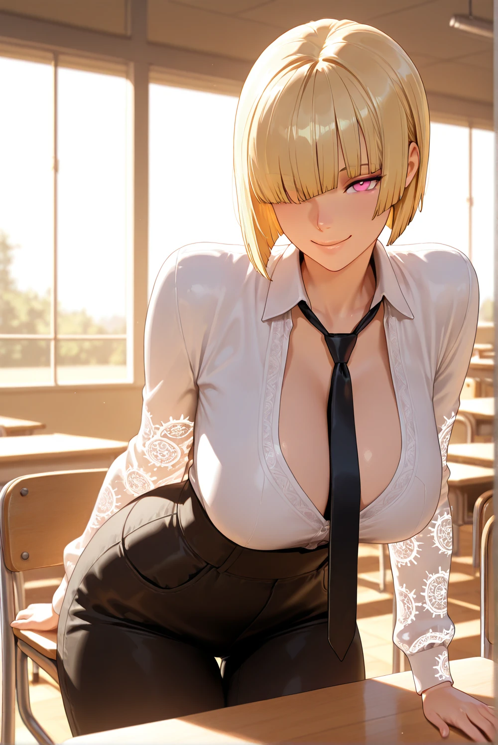 (8K, top-quality, masterpiece: 1.2), (realistic, Photorealistic: 1.2), Intelligent secretary with a curvaceous figure, wearing a (well-tailored business suit:1.5), (Busty: 1.5), (Elegant posture: 1.3), Sitting at a desk, (Beautifully detailed eyes: 1.5), (Blonde hair: 1), (short hair: 1.1), Wearing glasses with a professional look, (Her suit jacket and white shirts are buttoned:1.5), (Polished shoes: 1.1), (Detailed suit fabric: 1.0), gigantic breasts, thigh high stockings, (necktie:1.5), (middle skirt:1.5)
