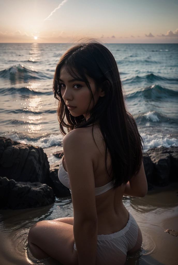 a lonely siren looking beyond ,long for an adventure ,dawn and dusk at the same time ,stars and moon,fantasy ,romantic,失落的遗迹,led 灯生成的海洋 ,飘渺,浮游生物发光体,轻科幻