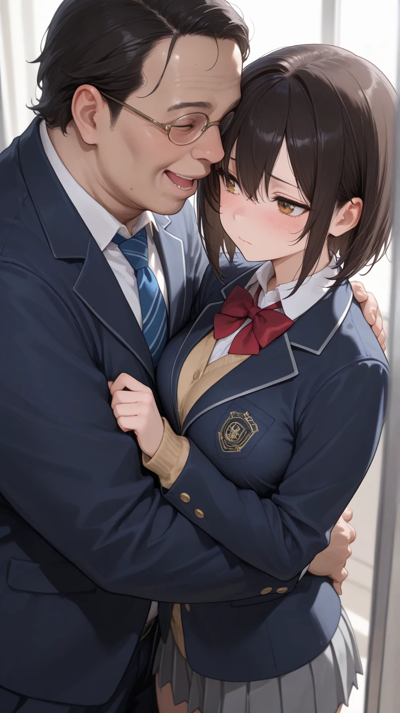 masterpiece, best quality, (one boy and one girl are having sex:1.3), home, on bed, (doggystyle:1.3), high school student, (plump:1.2), short height, medium length hair, (ahoge:1.0), (brown hair:1.2), brown eyes, hairs between eyes, collared shirt, blazer, pleated skirt, , bow, black thighhighs, (saliva:1.4), (pussy juice:1.5), (sweat:1.2),