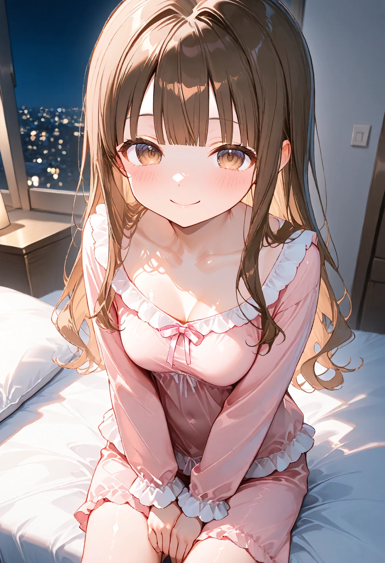 A room with lots of pink fluffy things,fluffy voluminous hair,Light brown hair,hair band with big ribbon,girl、Full nudity、Sit on the bed