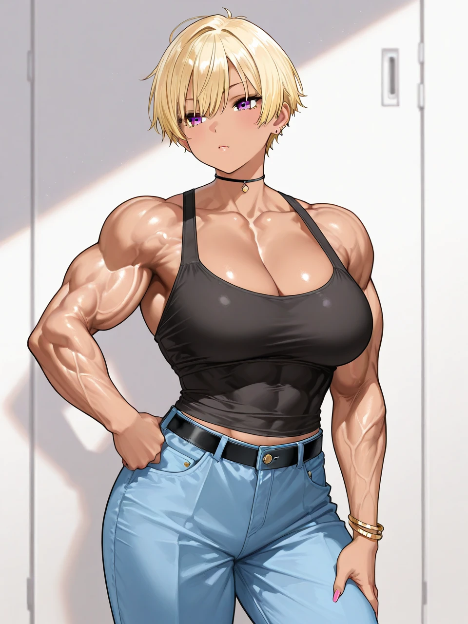 big, tall,
best quality, expressive eyes, perfect face, Muscle girl, ABS, Massive massive thighs, masterpiece, perfect face, best quality, at beach, brown skin girl, tall big, full picture, short pixie haircut white hair, red eyes, mommy, short small black shorts, short small black tank top, muscular thighs details, (Sexy pose), (sexy face expression)