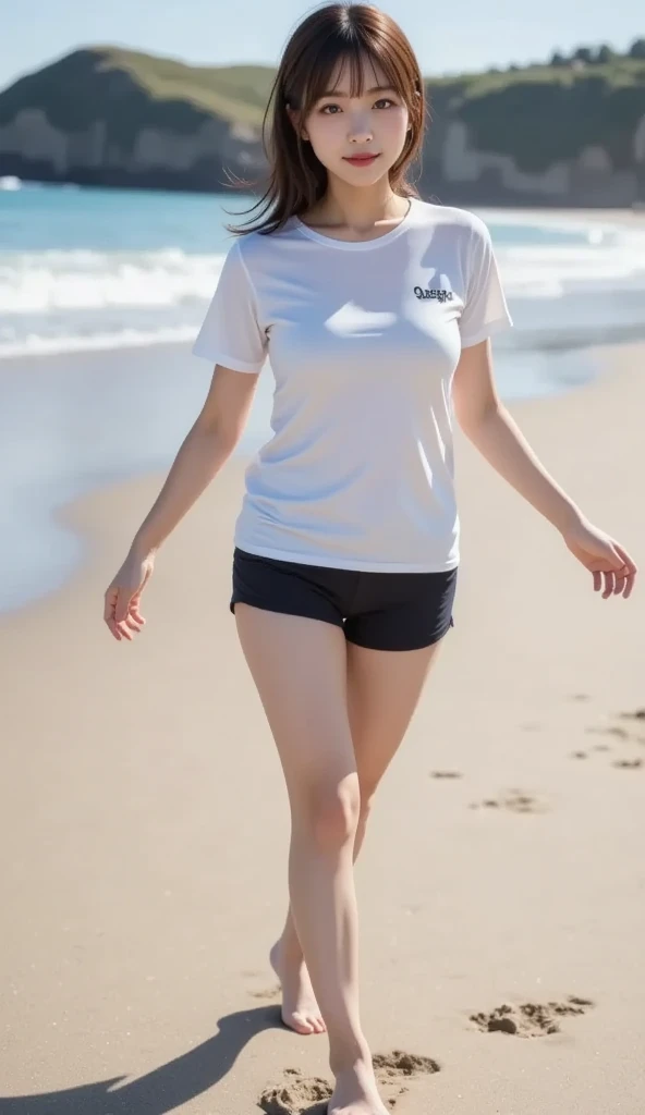 Japanese female, (underweight), (flat chest best quality:1.5),
beach, standing, short hair, (t-shirt), (While taking off my T-shirt:1.6), (swimsuit), cowboy shot, (from behind), ground-level shot