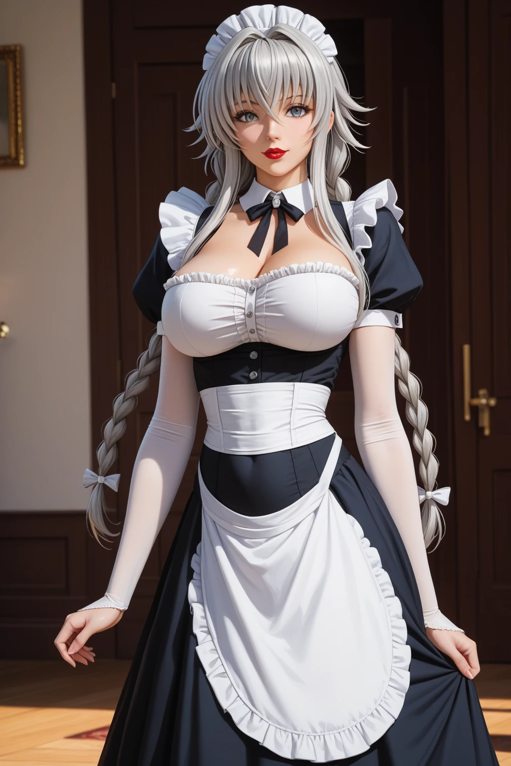White hair, mouthless, maid outfit, hands on chest, love beast ears, bottomless hole(((Full and soft breasts,)))(((Huge breasts))) (((Cleavage))) (Perfect curvy figure), 