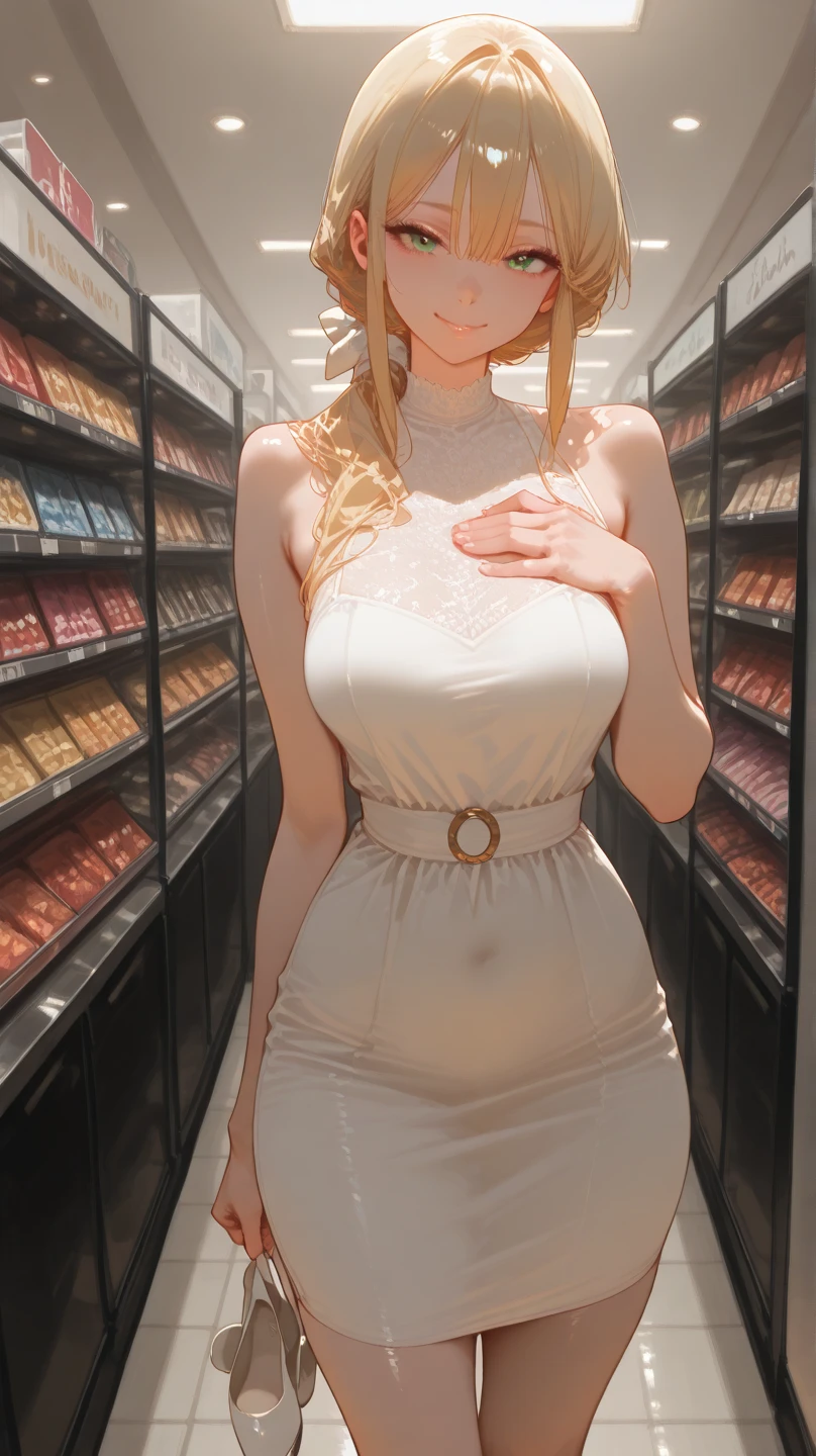1woman, ((nipples, nsfw, fruits parfait)), BREAK, cute beautiful face, shop clerk, at coffee shop, ponytail blonde hair,