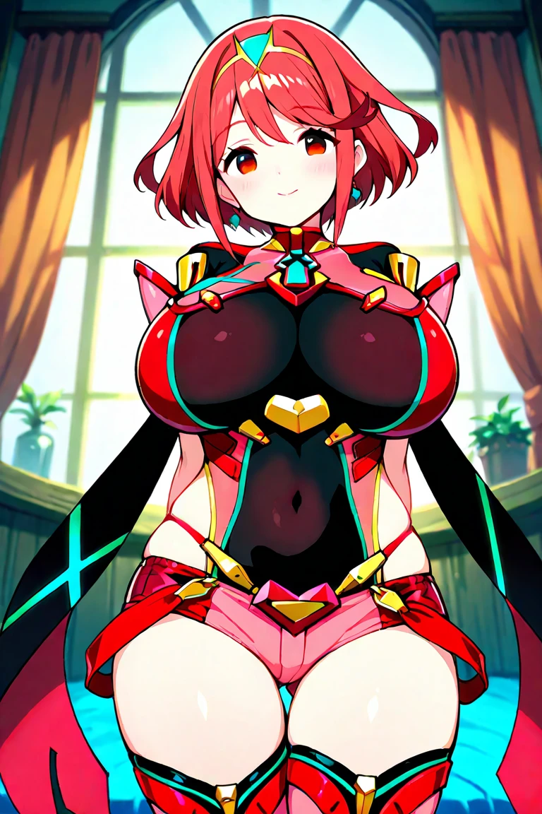 pyra \(xenoblade\), teen_1girl, , armor, bangs, black gloves, breasts, red eyes, light_open_mouth, earrings, eyelashes, fingerless gloves, floating hair, framed breasts, gem, gloves, hair ornament, headpiece, jewelry, big_breasts, leaning back, swimsuit, neon trim, official art, pose, red hair, saitou masatsugu, short hair, sidelocks, skin tight, solo, swept bangs, thighhighs, tiara, fantasy_town_background, underbust, vambraces, xenoblade chronicles \(series\), (xenoblade chronicles 2), (spread_legs:1.1), fire_effect,dynamic_pose,fighting,light_smile, (plump:1.4), big_ass,huge_sword, hold_large_sword_hilt, covered_nipples, (covered_pussy:1.2),cameltoe,back_view, fists,ponytail,plump,beautiful_fingers,(solo:1.1)