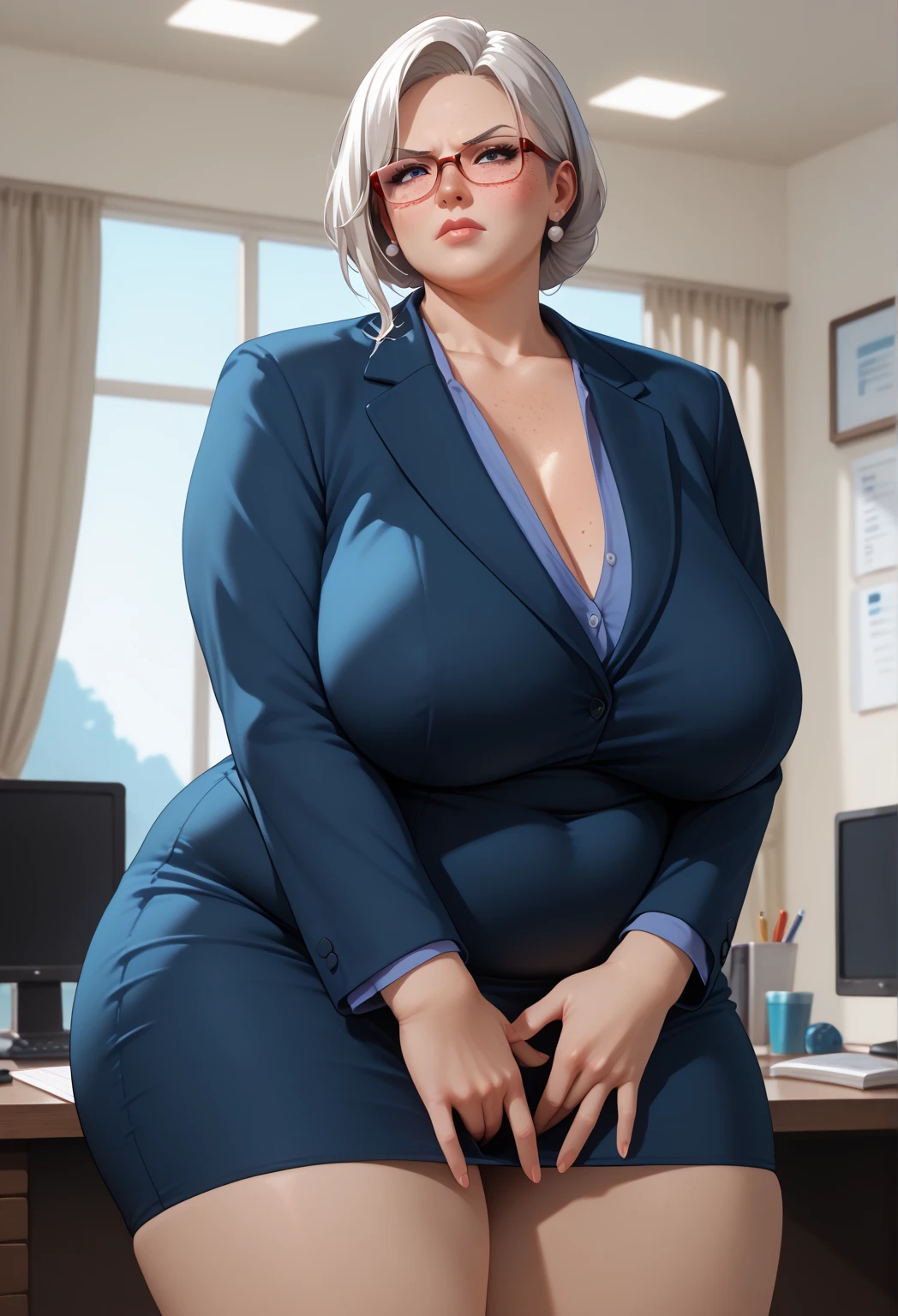 Elegant curvy muscular politician grows larger than her office as her massive growing body outgrows her professional red suit. short blonde bob, extremely wide hips, huge perky boobs, white oxford blouse, thicc thighs, massive ass, long professional red skirt, giantess, very tall, extremely muscular arms, muscular legs, broad shoulders