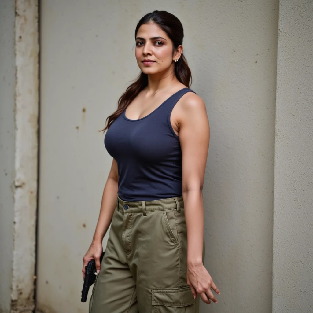 Rani Mukherjee in tight black leather jeans with Gucci belt and weared a tight blue vest having 6 abs under vest wearing mma gloves