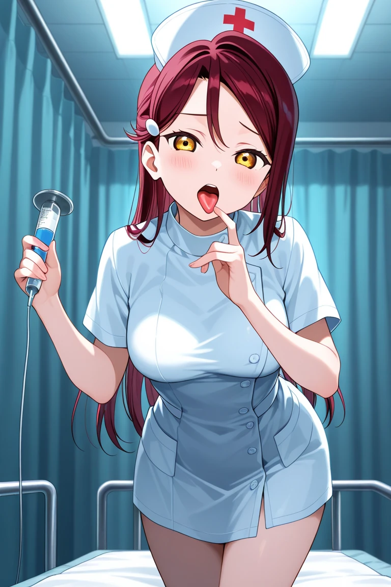 (realistic, highest quality:1.2), 1 girl (30 years old), from below, milk fluid all over the body, glowing skin, saliva, twintails low-rise, hospital, nurse bikini, big breasts, all four, professional lighting