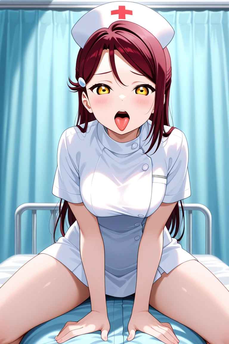 Maki nishikino,love live,highres,red hair , purple eyes,blush ,bare legs ,barefoot,bed ,cleavage ,collarbone ,doctor ,holding syringe ,infirmary ,lab coat ,leaning forward , girl on top,pov,looking at viewer,on bed ,open mouth ,pencil skirt 