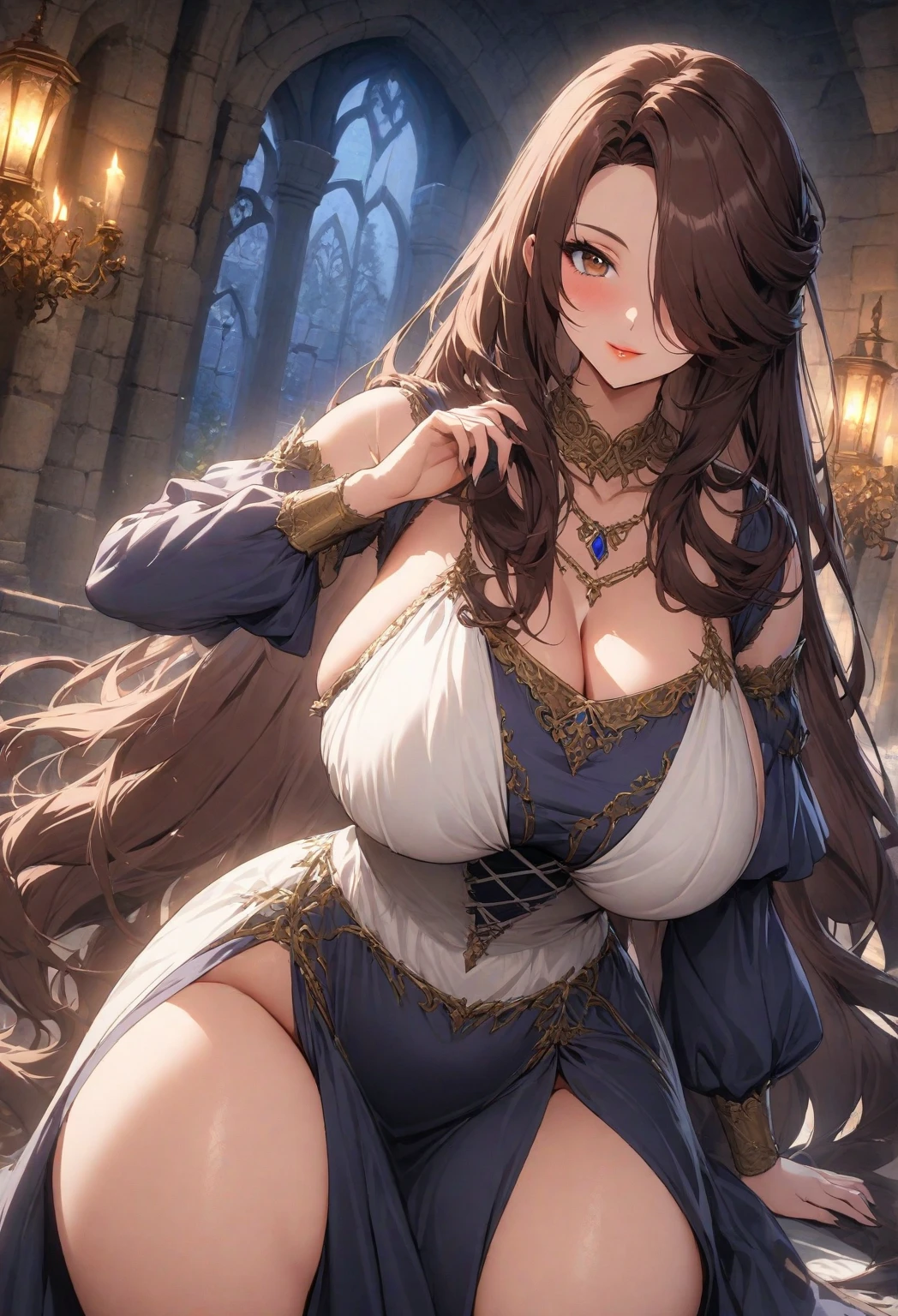 (Masterpiece, Best Quality, High Quality, Highres:1.4), Detailed, Extremely Detailed, Ambient Soft Lighting, 4K, Ornate,

1Gril, (Solo:1.4), (Milf:1.2), Standing, Upper Body, (Face Focus:1.2),

(Extremely Detailed Hair:1.2), Long Hair, Long Sidelocks, Bangs

Expressionless, Emotionless, (Red Eyes, Glaring, Contempt, Disgust, Looking at Viewer:1.2),

Curvy, Huge Breasts, Skindentation, (Bursting Breasts:1.2),  (Cleavage, Strapless, violet Dress, Frilled Dress, short Skirt, Puffy Skirt