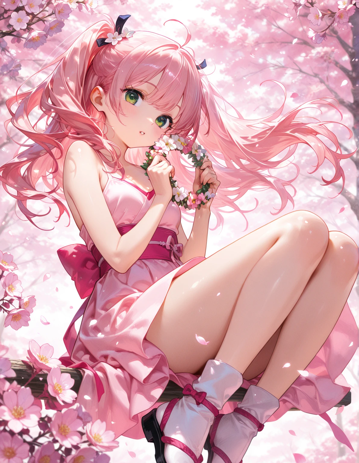 flower crown, flower garden, 1girl, petite . medium breast , skindentation, +++
hazel eyes ,
deep pink hair,
long hair ,
curly hair,
streaked hair ,
hair pulled back,
hair flaps ,
Buoyant Smile,
blush ,
head_tilt
+++, from below, looking to the side, Aerial Shot, Rim Light, contrapposto, dynamic pose, strong light coming in light rays light sparkles lens flare deep shadows caustics golden hour, pink sundress zettairyouiki (green over knee socks), bare feet