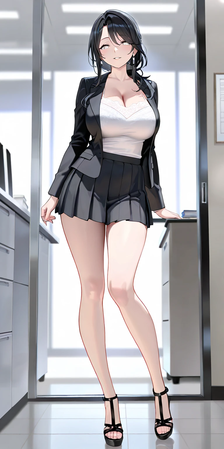 One Piece, dressed in a miniskirt professional outfit, bent down with her back to me, and turned to look behind