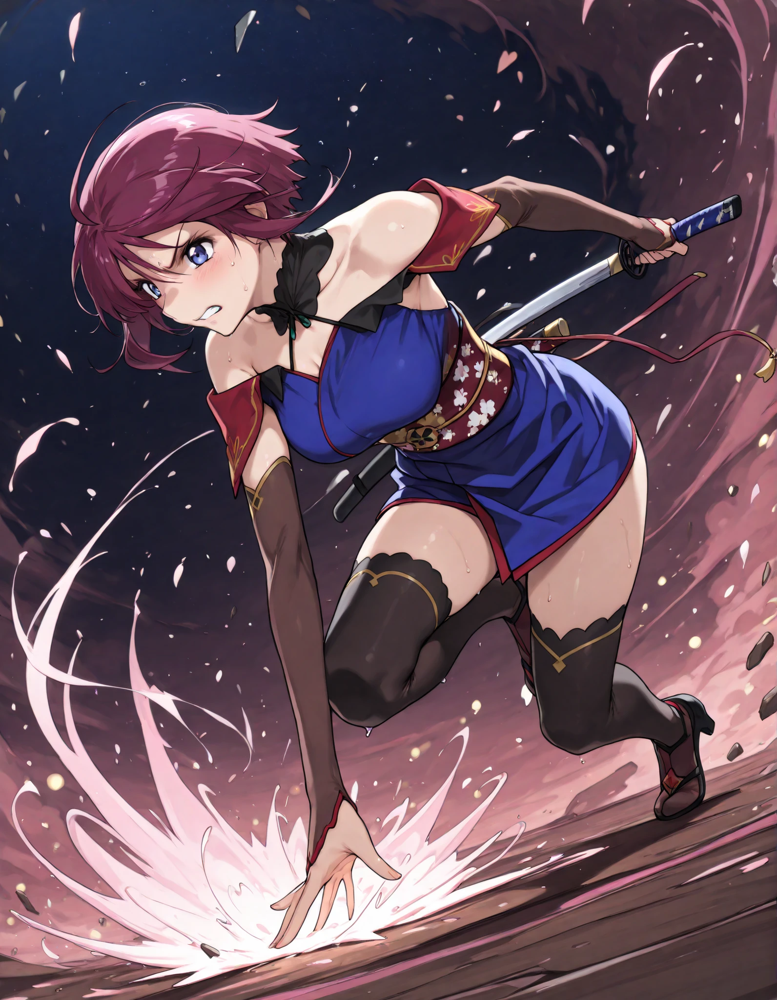 score_9, score_8_up, score_7_up,BREAK,masterpiece, best quality,,amazing quality,source_anime,anime coloring, absurdres,A very detailed and Hi-Res image、lightning crackling around, (beautiful and detailed face),1girl,(solo),(((lunamaria:1.1))),1girl,,(((LunamariaHawke:1.1))),(((purple hair:1.3))),((ahoge:1.2)),(((short hair:1.2))),blue eyes,breakmiyamoto musashi,fate grand order,miyamoto musashi \(fate\),(((high neck,blue kimono,short kimono,japanese clothes,detached sleeves,bare shoulders,Brown elbow gloves,thighhighs, unsheathed,scabbard,break ,Flower-patterned red obi,gold obi cord break))),((lunamaria)),1girl,solo,blue eyes,red hair,short hair,ahoge,eyebrows,quality\(8k, Hi-Res, top- quality, top- quality real texture skin, super realistic, increase resolution,RAW Photo, very detailed, wallpaper, golden ratio,vibrant{{breathing}},full body,(Watery eyes),(closing eyes),{Wet body},(Close-up of a girl:0.7),(((add energy to the scene. Motion Effect))), (Like a subtle blur),bokeh,full body,(nape of neck),,((Pained expression)),(((Sweat:1.4))),(grimace),blush,(holding one sword ,movement, motion blur, dynamic angle,full body, BREAK depth of field, foreshortening, dynamic pose, super wide angle shot, extreme perspective, ,anime wallpaper,light particles, cinematic lighting,Visual impact,dynamic pose,ultra-realism, anime style, dreamy psychedelic anime,Elegant outfit, perfect figure, beautiful , The background is a dark forest clearing illuminated by faint blue light, with falling cherry blossom petals swirling around, adding a sense of elegance and tension,moving,night,outdoor,effect,((reaching one arm front and open palm)),(her softly emphasized by the folds of her loosely draped kimono, wearing her signature red and blue kimono-style outfit from her first ascension),(((the opening still loosely adjusted with no visible bra,fabric naturally concealing her breasts))),dark blue bra under kimono,dynamic pose,dynamic action,Fully detailed sword,