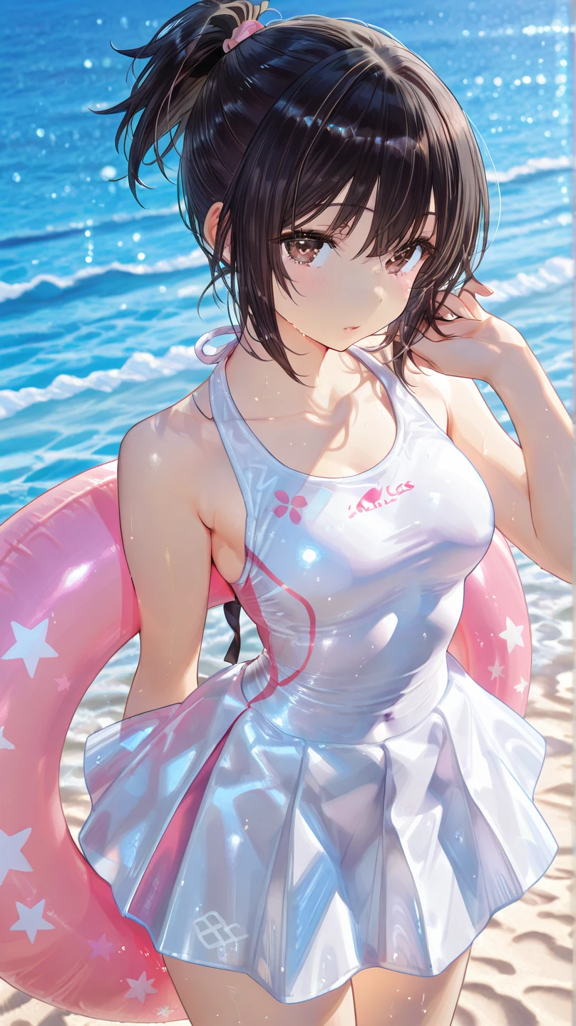 ((Lying on a rubber boat floating on the sea)), ((rash guard)), ((Sleeveless)), ((swimsuit sides see-through)), ((The swimsuit is a vivid color)), holographic fabric, skindentation, skinny, solo, 1 woman, Masterpiece, highest quality, highest quality, 16K, incredibly absurd, highly detailed, 2.5D, ai-generated, delicate and dynamic, very delicate facial expressions, delicate eye depiction, erotic, only sexy woman, ((A cute and kind face)), healthy figure, 25-year-old woman, bride, 160cm tall, medium firm swaying bust, (dark hair), black eye, blush, Sweat,Embarrassed,sexy, ((thin thighs)), (Erect nipples:0.7), (visible nipples:0.7), ((shiny and lustrous)), facing straight at viewer, ((brown black skin)), ((Oily_skin)), sweaty skin, wet skin, (suntan), dutch angle, ((sexy pose)), Dynamic poses, ((Summer Sea)), Strong sunlight, ((On the open sea)), ((sexy pose)),, ((Lying)), Navel, ((On the open sea)), Knee Up,