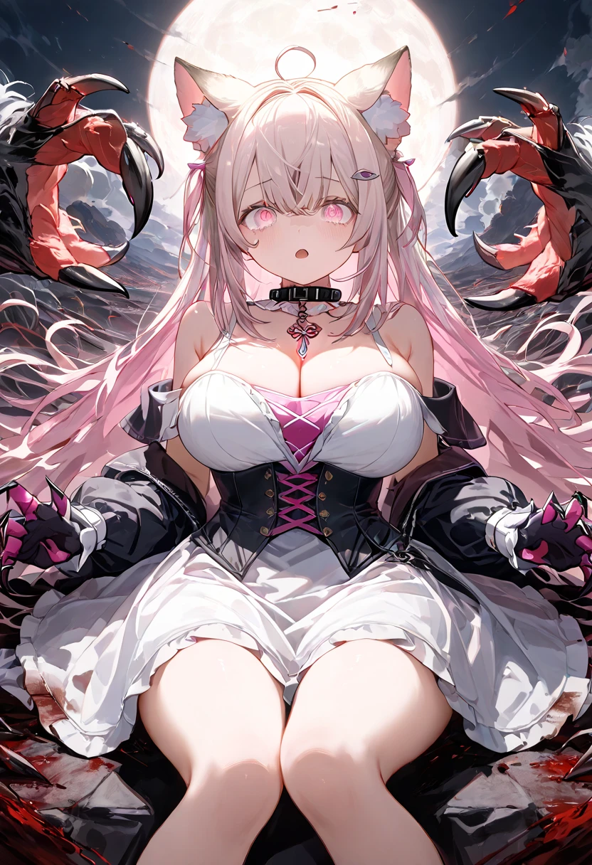 masterpiece, detailed, high quality, absurdres, matara, 1girl, solo, arthropod girl, arthropod limbs, claws, mole on breast, large breasts, curvy, wide hips,
BREAK red eyes, facial mark, antenna hair, antennae,
BREAK dress, pelvic curtain, cleavage, groin, side cutout, jewelry, 
BREAK legs together,
