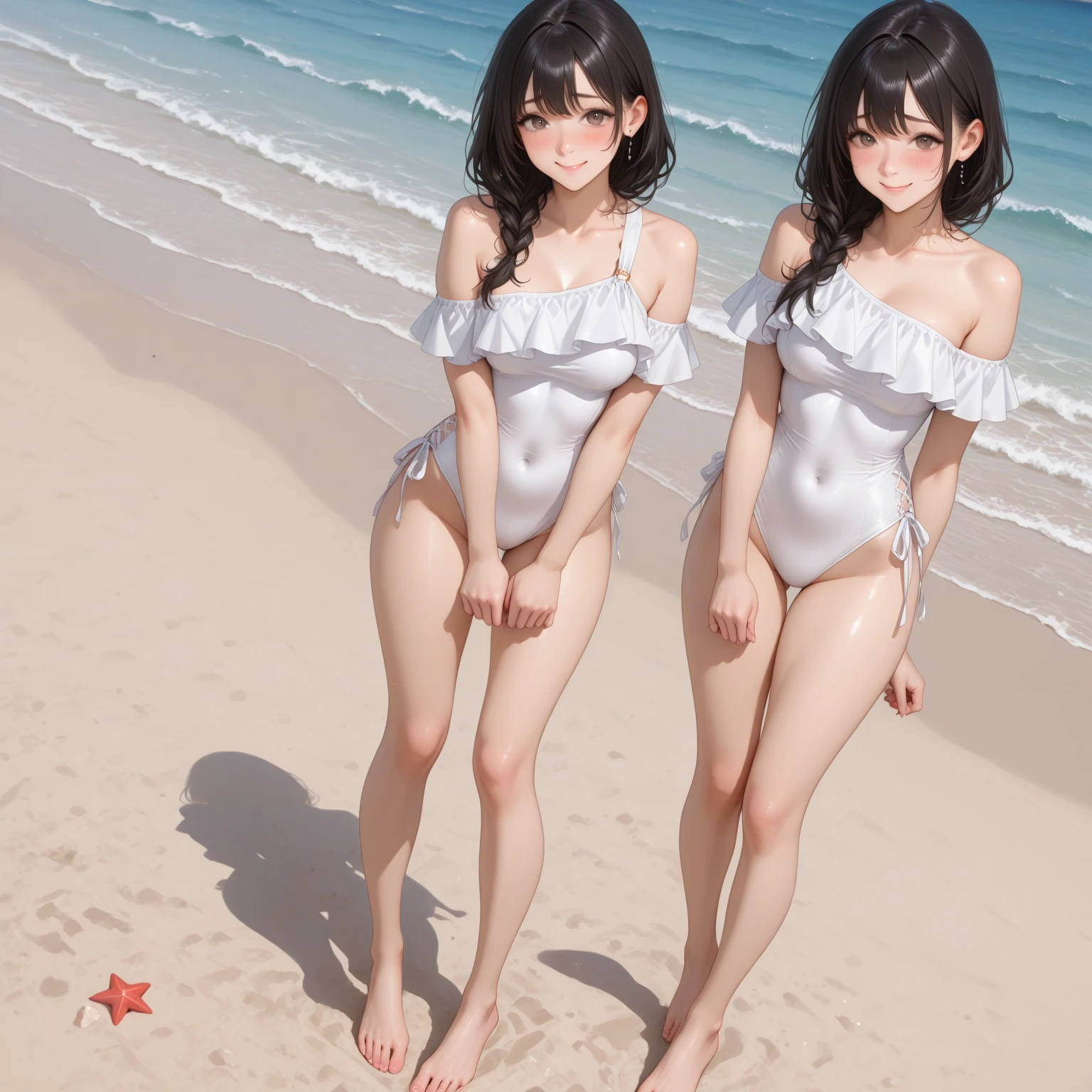 3位Very漂亮的瑞典16 歲漂亮的女孩、 white blond hair、 （（ Sexy and gorgeous transparent underwear and panties））、(Colorful transparent underwear and panties) 、Very、 shiny skin、 white skinned、 a smile、 beautiful bangs、 long and straight、 3位絲般美麗的white blond hair女郎、 shiny hair、 Extra long super straight hair、 Eyeliner、 a small face、 Extra large firm breasts、 crystal clear ocean blue eyes、 shining with beautiful light、 Earrings, pendants, headwear and bracelets hanging from the ears、beautiful and smart girl、 Playing in the water at the outdoor beach and taking a full body photo of two people、 Looking to the future
