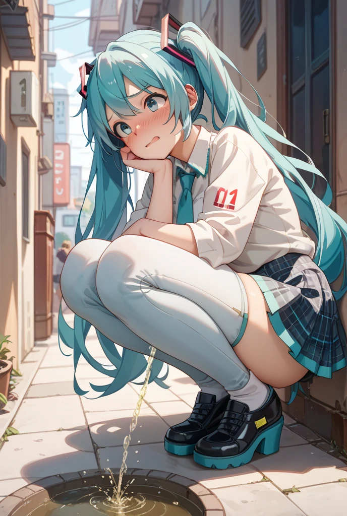 1 cute girl , eating hamburger, character focus, close to viewer, cowboy shot, from below, sitting on road, knees up , street style clothing colorful clothing , ((panty shot)) , light blue hair, background street ,high resolution,(incredibly absurdres),anime visual,extremely detailed CG unity 8k wallpaper, ((masterpiece)), ((top-quality)), (beautiful illustration), ((an extremely delicate and beautiful))