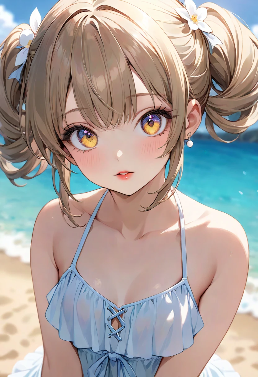 (Masterpiece, BestQuality:1.3), (ultra detailed:1.2), (hyperrealistic:1.3), (RAW photo:1.2), High detail RAW color photo, professional photograph, (Photorealistic:1.4), (realistic:1.4), (Pink Hair:1.5), professional lighting, perfect anatomy, (Big Breasts:1.2), (blush, detailed face), (A happy smile:1.7), sexly, erotic sexly, Random sexy gravure poses, (Beautiful woman wearing a yellow tank top and white shorts、Running energetically on the beach、Silver chain bracelet、Hair-pulling pose。:1.3)