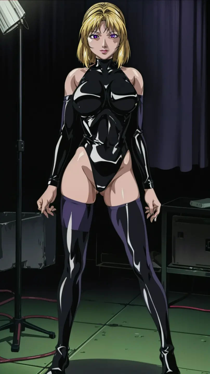 score_9, score_8_up, score_7_up, score_6_up, 1girl, 1990s \(style\), cyb0rg, solo, science fiction, cable, mechanical parts, cat ears, long hair, gothic, large breasts, full body, latex, collar, high heels, retro anime, 1990, scanlines