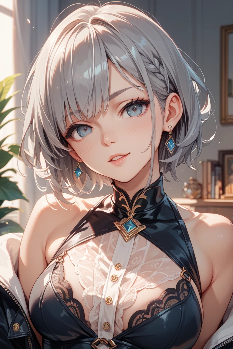 "Miorine with a silver hair bun, wearing an intricate white party dress with open shoulders. She has a moderate bust, with cleavage visible. She is looking at the viewer, slightly higher, blushing and giving a shy smile."