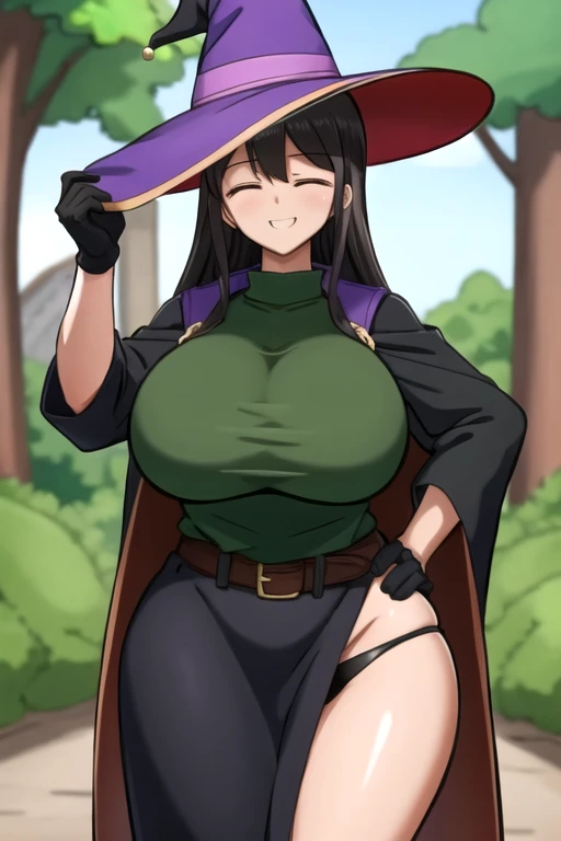 detailed illustration (side view),dynamic angle,ultra-detailed, illustration, pose for the camera, anime, clean line art, shading, woman, milf, milf bod, black hair, long hair, single person, woman, witch, witch costume, witch hat, big witches hat, floppy witches hat, tone stomach, flat stomach, thick thighs save lives, mommy, Dommy mommy, birthing hips, pixar mom ass, hips for days, tree trunk thighs   Beautiful, youthful, college age, magic, sex symbol, massive breasts, big breasts, deep cleavage, Morticia, Addams dress, tight dress, nipple outline, breedable, masterpiece, best quality, 1girl, solo, tentical magic