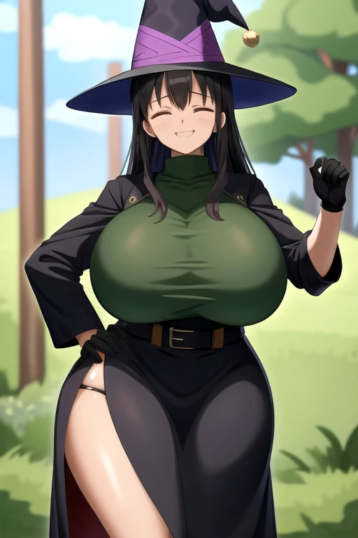 detailed illustration (side view),dynamic angle,ultra-detailed, illustration, pose for the camera, anime, clean line art, shading, woman, milf, milf bod, black hair, long hair, single person, woman, witch, witch costume, witch hat, big witches hat, floppy witches hat, thick thighs save lives, mommy, Dommy mommy, birthing hips, pixar mom ass, hips for days, tree trunk thighs Beautiful, youthful, college age, magic, sex symbol, massive breasts, big breasts, deep cleavage, Morticia, Addams dress, tight dress, nipple outline, breedable, masterpiece, best quality, 1girl, solo, tentical magic, evil eyes, nipples hard