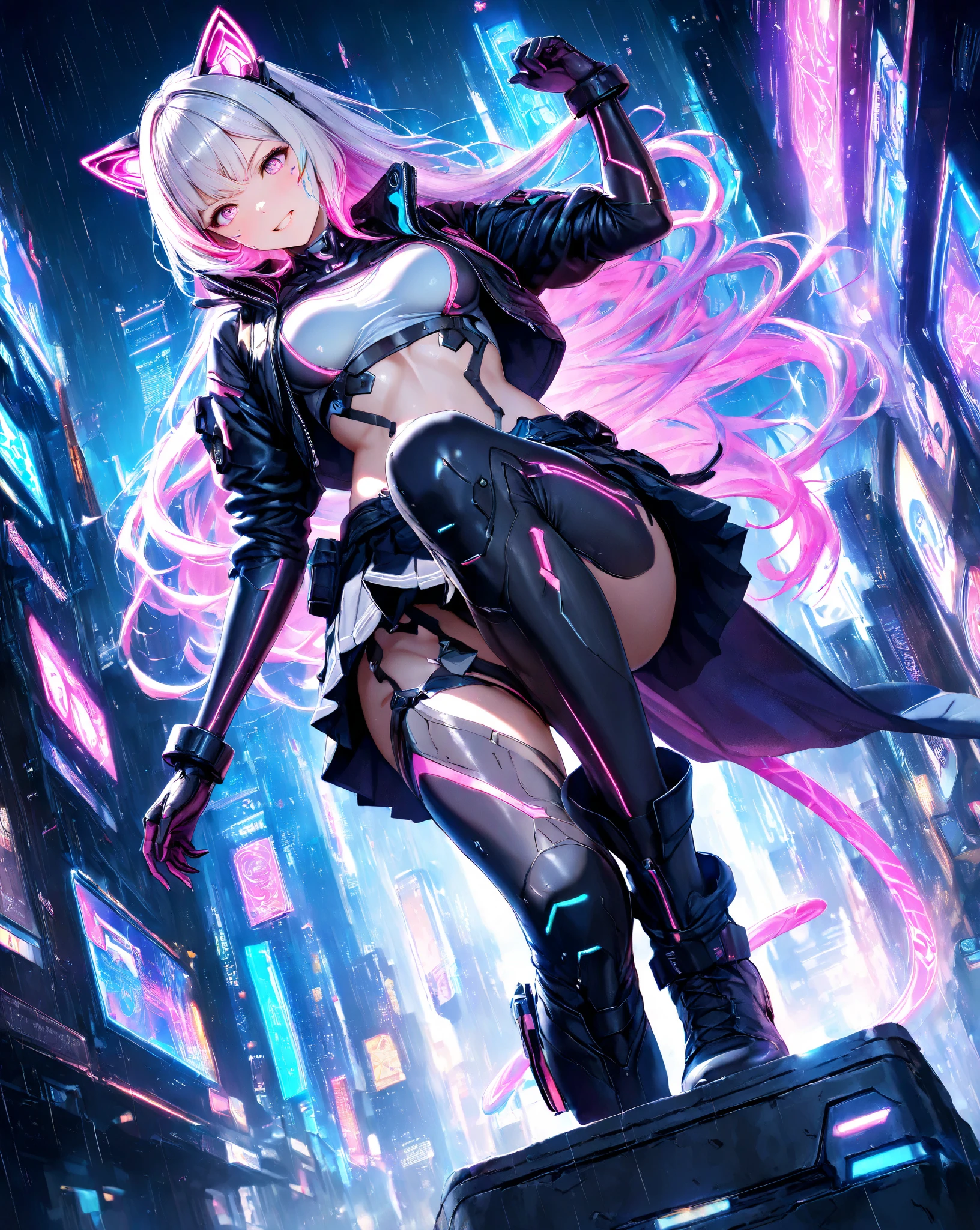 masterpiece, best quality, 1girl, ives , Mecha, beautiful lighting, (Neon light: 1.2), (night: 1.5), "masterpiece, best quality, 1girl, full body portrait, sensual pose, purple eyes, multicolored+silver hair:1.3+red:1.2+purple+yellow:1.3+green:1.3, sculpted legs and tempting curves, full breasts, pretty face, lots of water drops, cloud, Twilight, open shot, Watercolor, Neon light: 1.2, night:1.5, Mecha, beautiful lighting, bright neon light: 1.2, unforgettable mysterious night: 1.5"