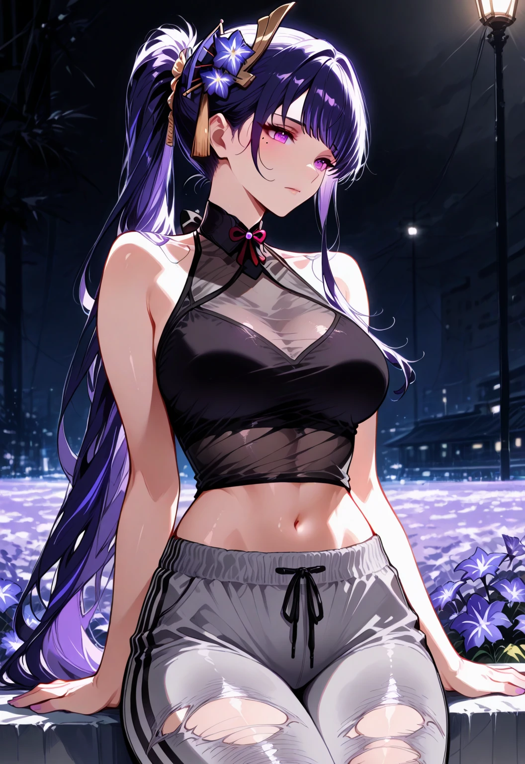 1girl, purple hair, long hair, breasts, large breasts, wide hips, sportswear, sports bra, black pants, gloves, red eyes, serious, glowing eyes, black sports bra, black pants, fang, fang out, skin fang