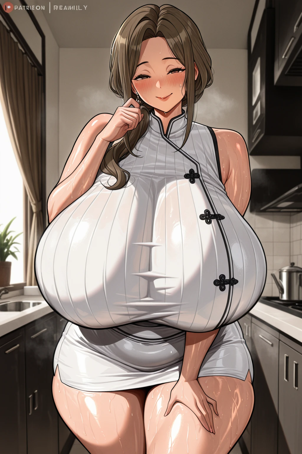 (Mature Woman:1.5), (mother:1.5), (Ishtar:1.2), Fate Grand Order, (absurderes, 8K, 4K, masutepiece, hyper extreme detailed:1.2), Best Quality, Perfect Anatomy,Perfect face,Facing forward,High humidity, (alone:1.2), (Sweaty:1.3), shortness of breath, High humidity, humid, (Black Hair:1.1), Red eyes, Looking into the camera, (Very big boobs:1.5), Light clothing, apron, (kitchen;1.1), (Having a conversation:1.5), (Speech bubble:1.2), A kind smile, relief, peace of mind, mother性, Cooking, have a ladle, pot, pot-au-feu, (very big ass:1.3)