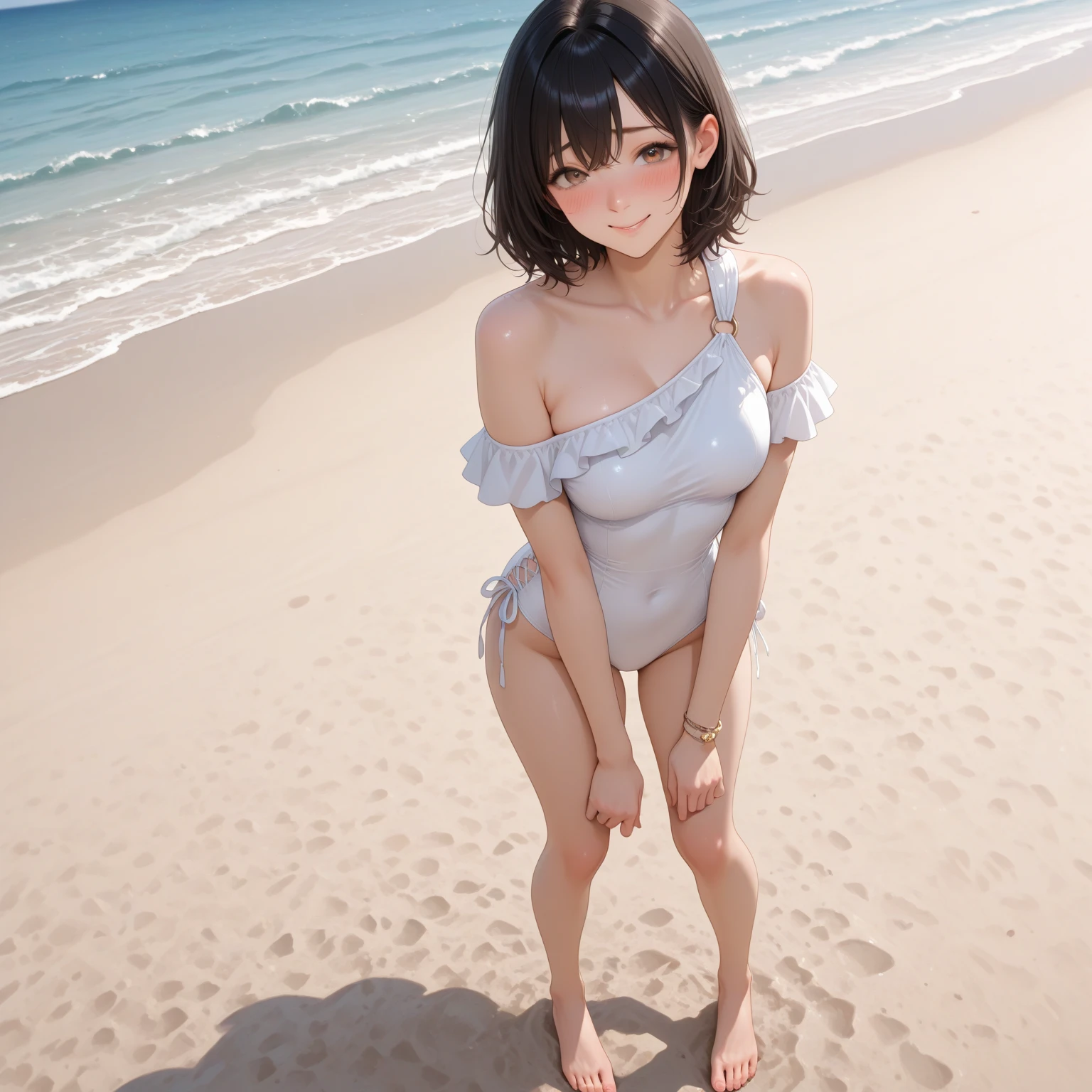 White sleeveless long t-shirt、A girl on the beach、Bob Hair、Brown Hair、Medium breast、Standing looking at the sea、Detailed Background、(8K、Raw photo quality、masterpiece:1.3、Highest quality)、Shot to the knee、