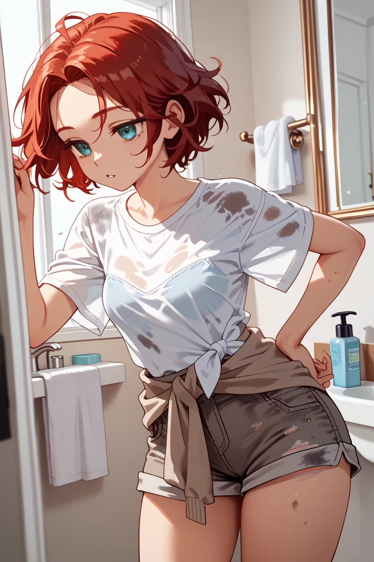 score_9, score_8_up, score_7_up, score_6_up BREAK solo,cowboy shot,laundry room,futa,mari Stetagaya,huge huge bulge,penis shaped bulge,short hair,brown hair,laundry basket,washing machine,dirty clothes,sweatpants,midriff,bored,leaning,chin rest,bent over,window,hand touching bulge,