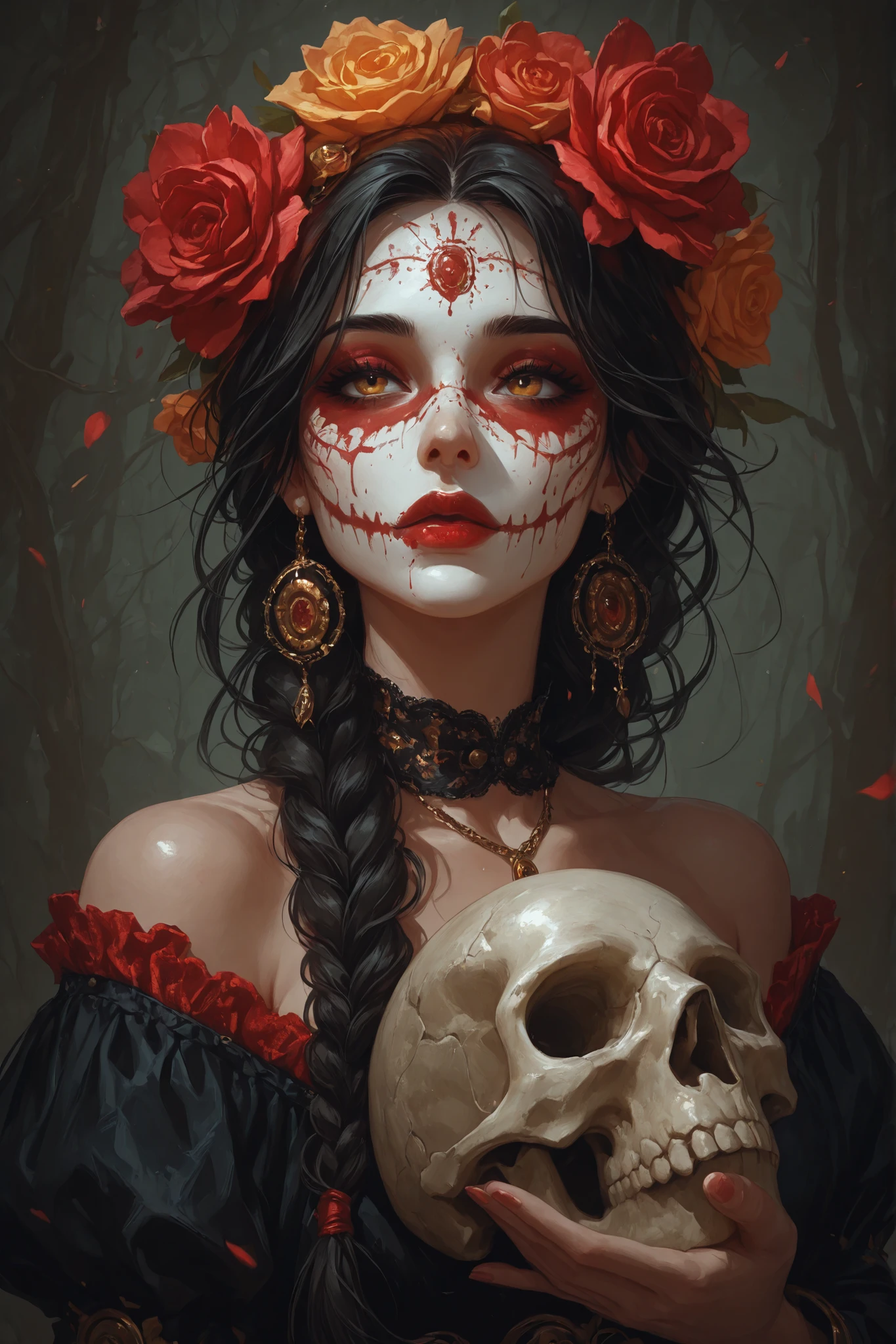 A woman with her face painted with my Catrina from the Day of the Dead, beautiful and sexy, holding a skull
