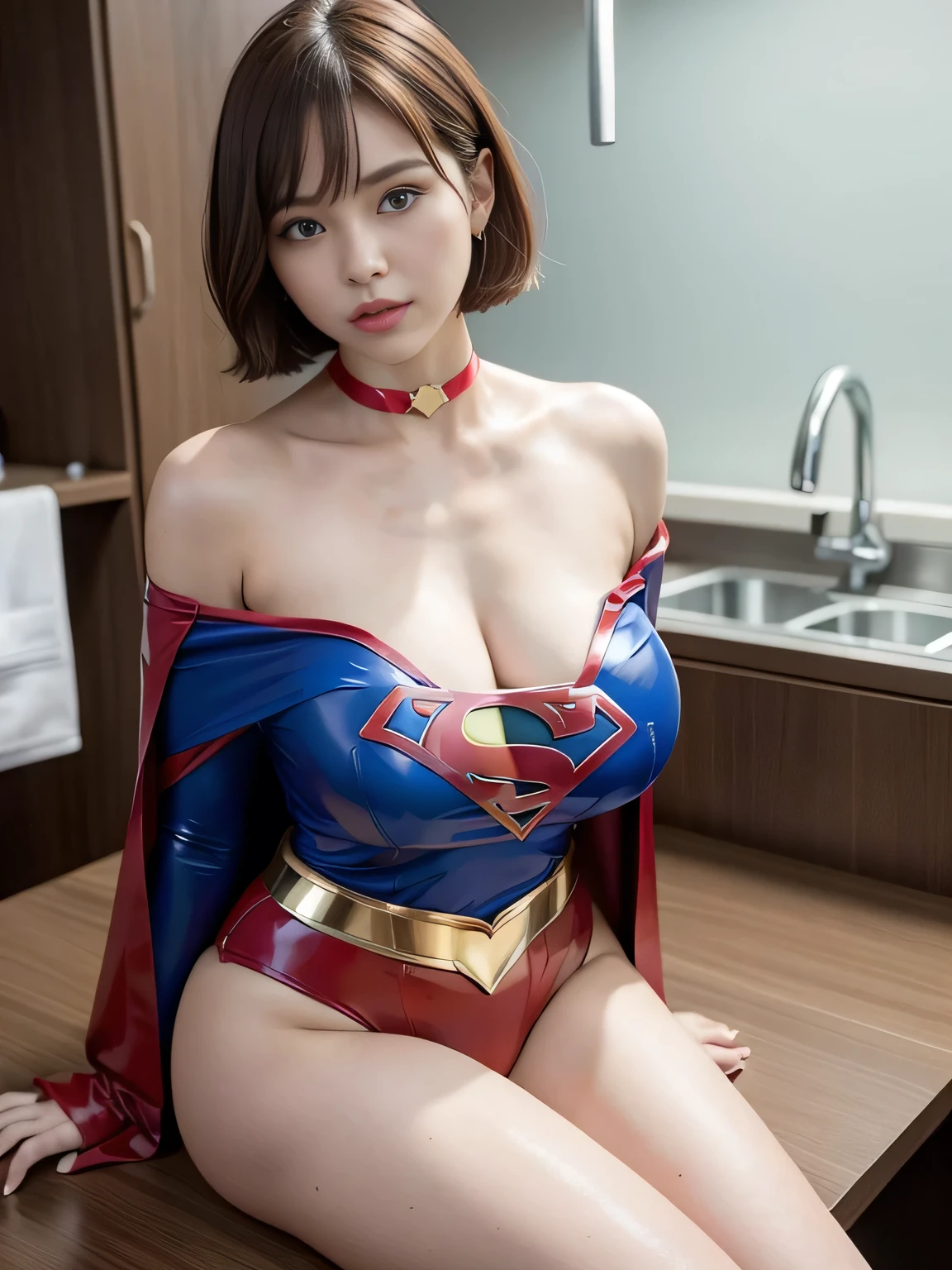 (8k, RAW photo, best quality, masterpiece:1.2), (realistic, photo-realistic:1.37), (lynda-carter-ww-costume:1.65), (red bra:1.4), (navy pants:1.3), (golden belt:1.2), best quality, ultra high res, light leaks, dynamic lighting, slim, smooth skin, (pureerosface_v1:1), armpit, back, cute idol, 16 years old, short neck, (beautiful detailed eyes:1),(beautiful detailed face:1),(freebuffing:1.2), (small breast:1.2), on bed, ulzzang-6500, 1girl, (red boots:1.3), (lie down on her back:1.4), (close-up of a head shot:1.２), from above, looking at viewer,  arms behind back, armpit, spring, morning sunlight,  (wonder woman:1.2), (soft saturation:1.6), (fair skin:1.2), (shiny skin:1.1), oiled skin