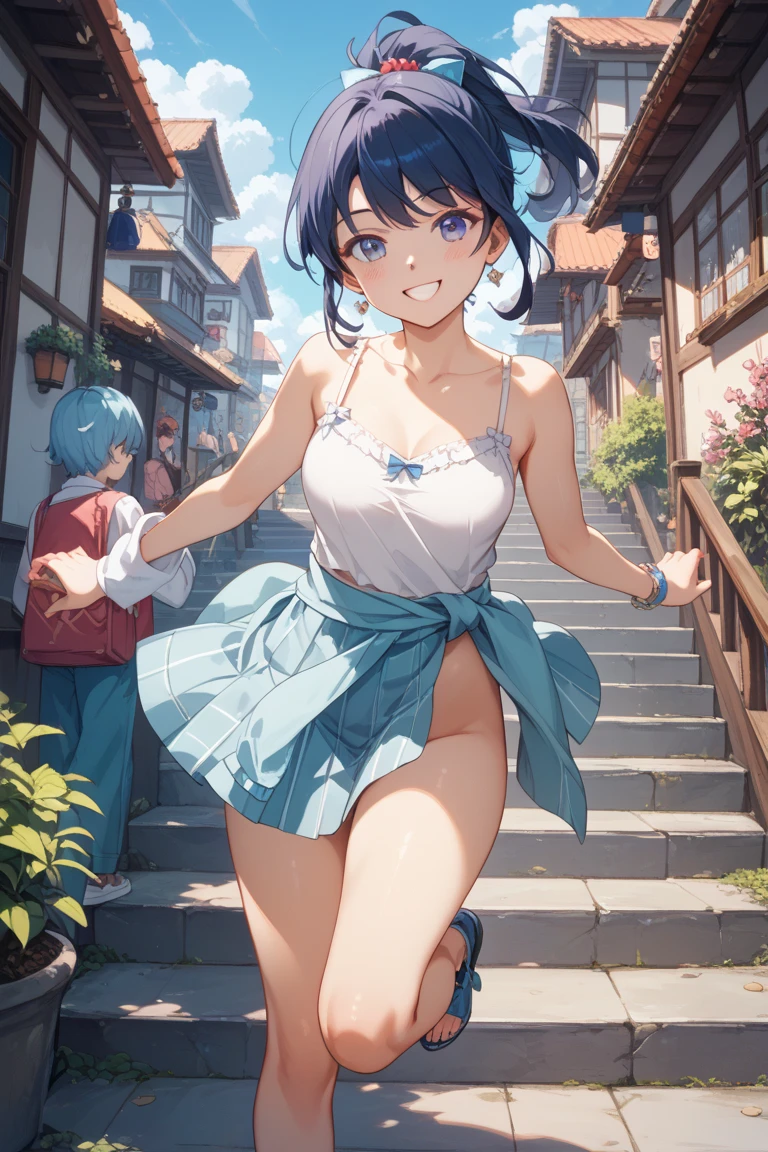 sexy girl walking home, casually walking, outside, crowded area, crowd in foreground, ctowd taking pictures, wearing bra and panties, wearing only underwear, knee high socks, shoes full body, short blue hair, shy, enf, embarrassed
