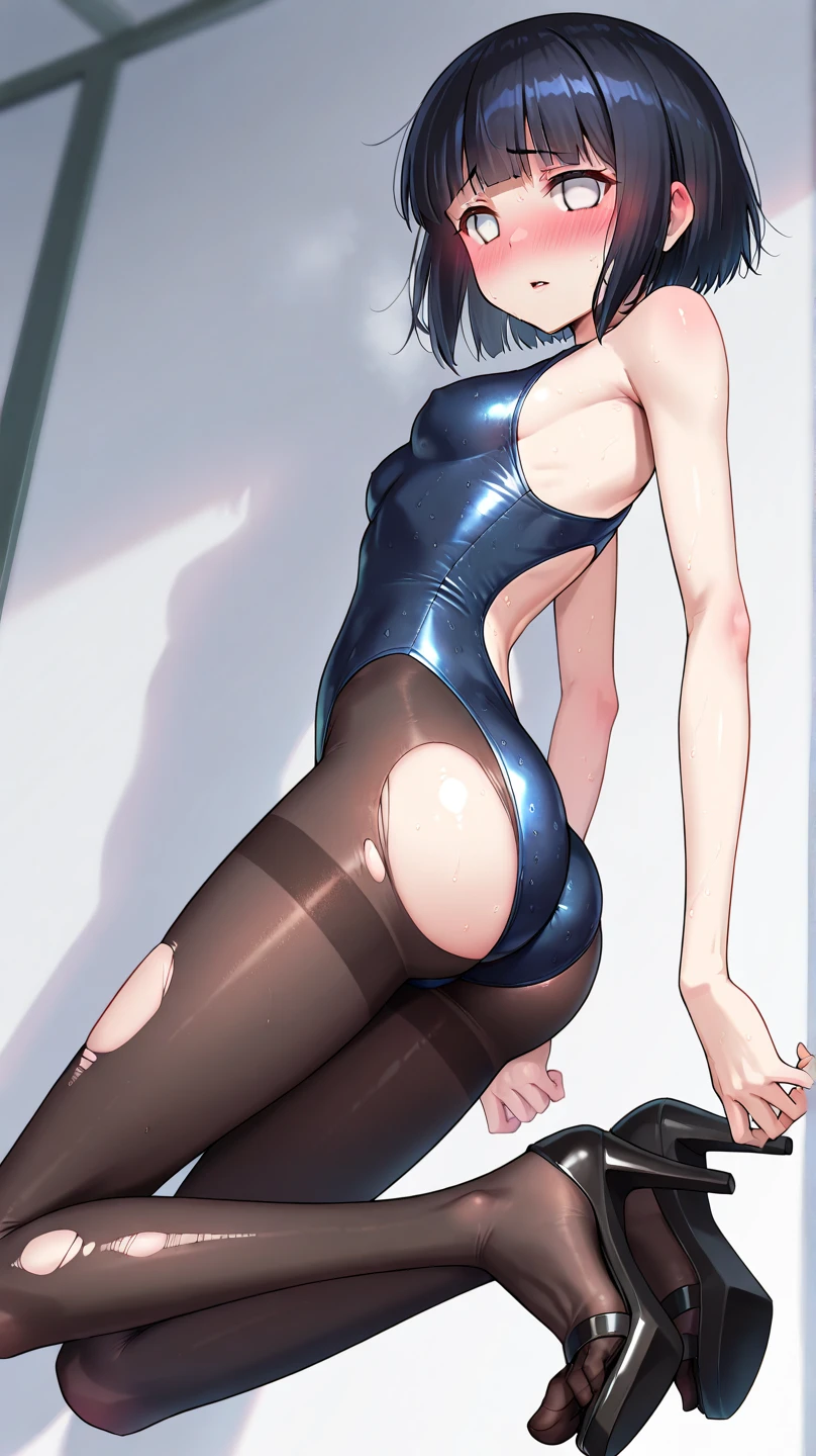 Black long straight hair big breasts female one-piece swimsuit pantyhose indoors
