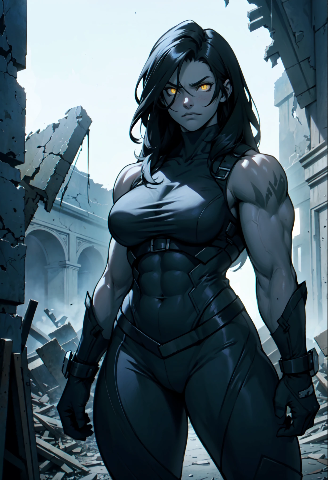 A muscular 35-year-old warrior woman almost naked in the Simon Bisley style for the cover of Heavy Metal magazine, hair half black half white, Minimum clothing, Short clothes,